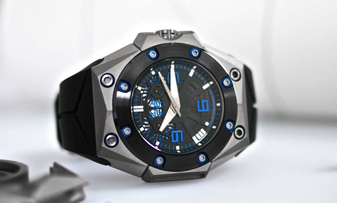An example of a Linde Werdelin pre-owned Double Date Oktopus titanium blue watch